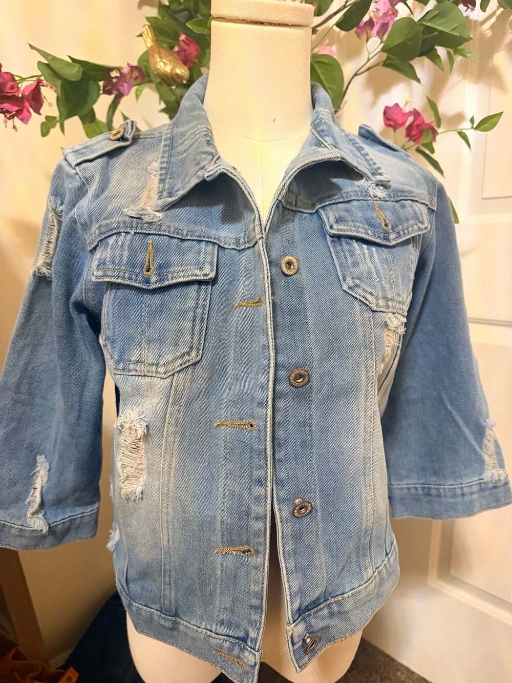 Jeans Distressed Denim Jacket Size XS Light Wash